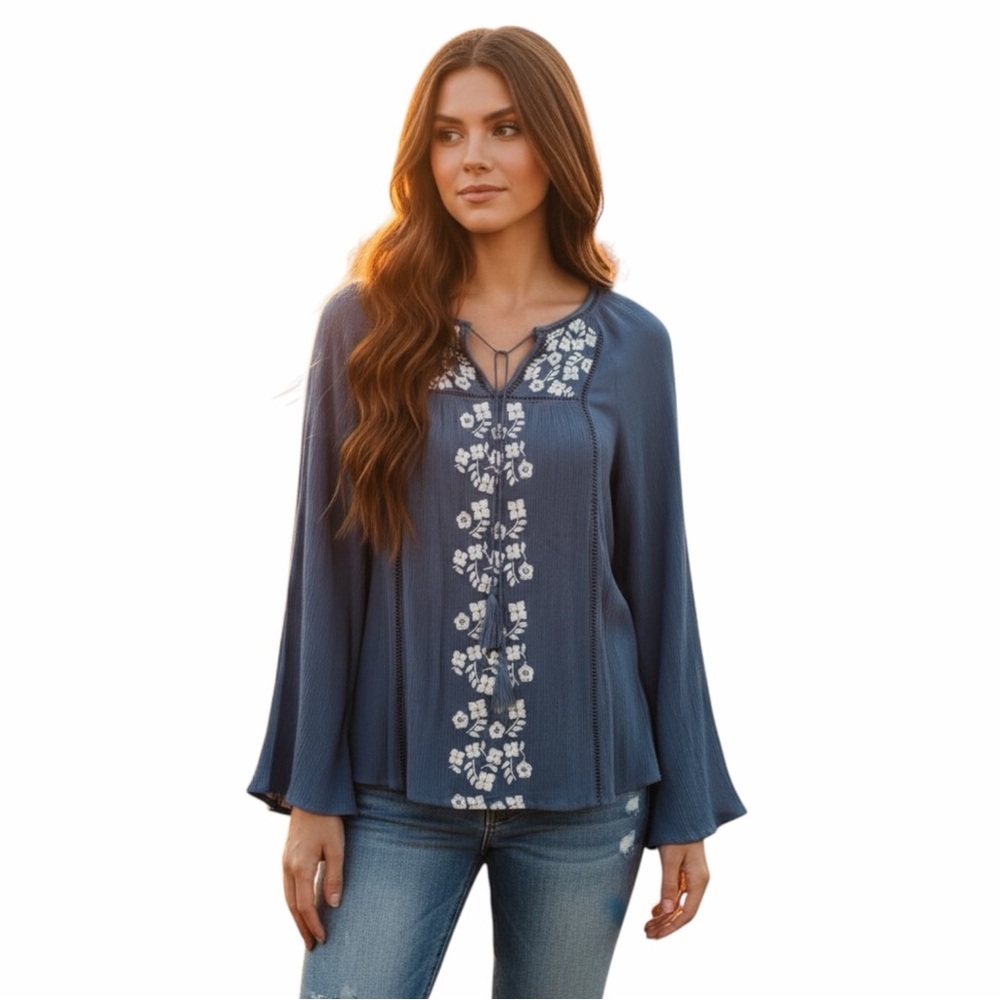 Blue Rain Embroidered Boho Peasant Top XS Bell Sleeve Cottagecore